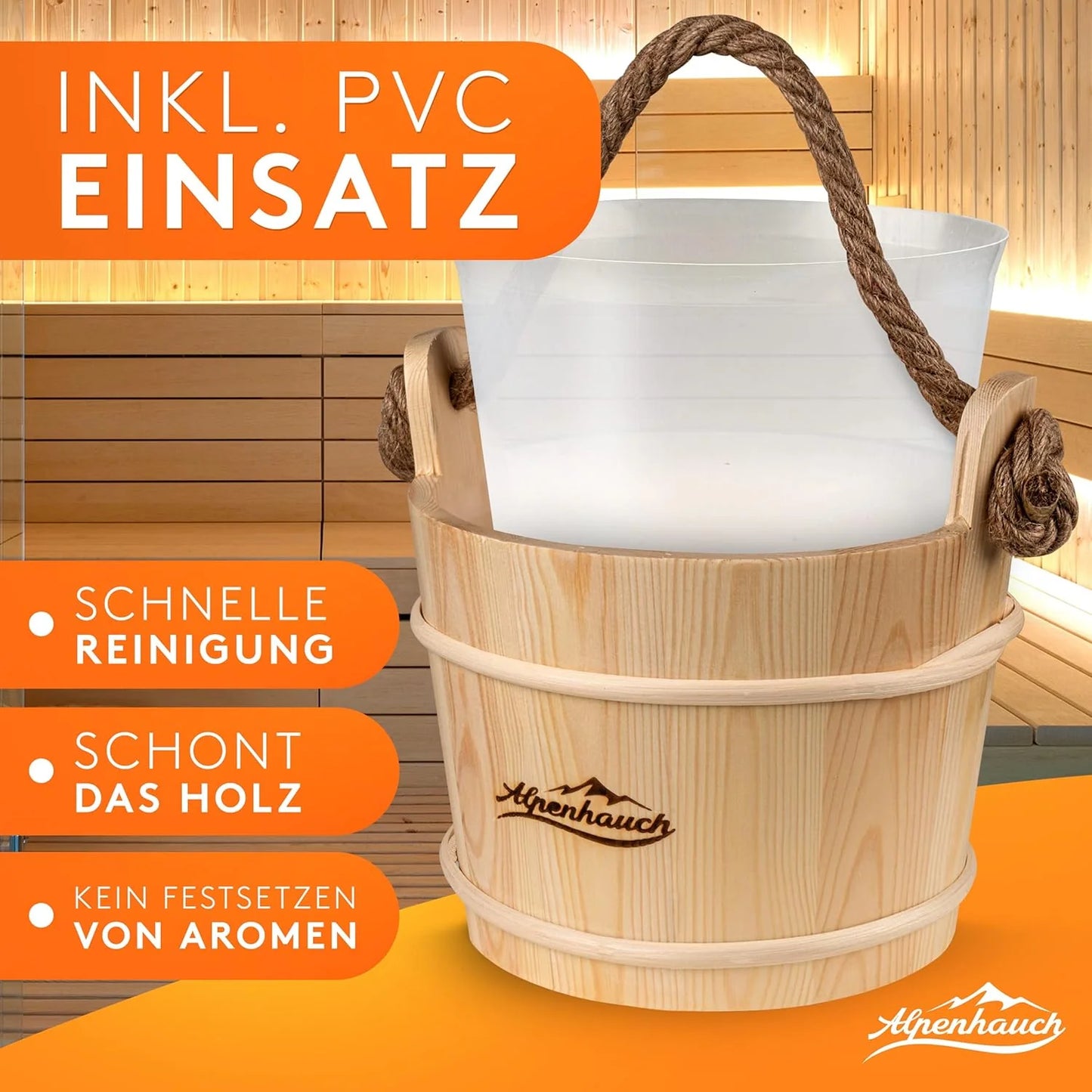 ALPENHAUCH Sauna Eimer mit Kelle - Edler Saunakübel mit komfortablem Hanftrageseil