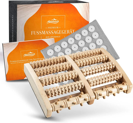 ALPENHAUCH - Fußmassageroller aus Echtholz mit Akupressurmatte