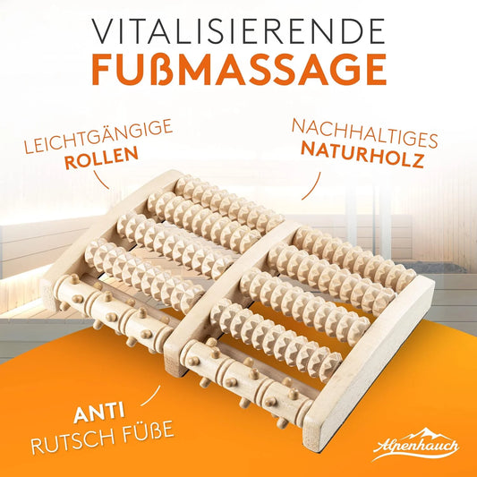 ALPENHAUCH - Fußmassageroller aus Echtholz mit Akupressurmatte