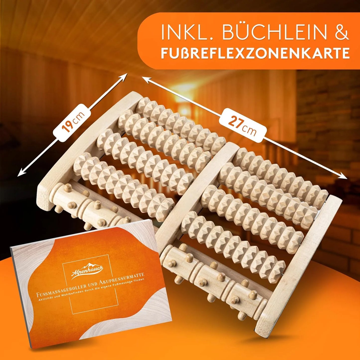 ALPENHAUCH - Fußmassageroller aus Echtholz mit Akupressurmatte