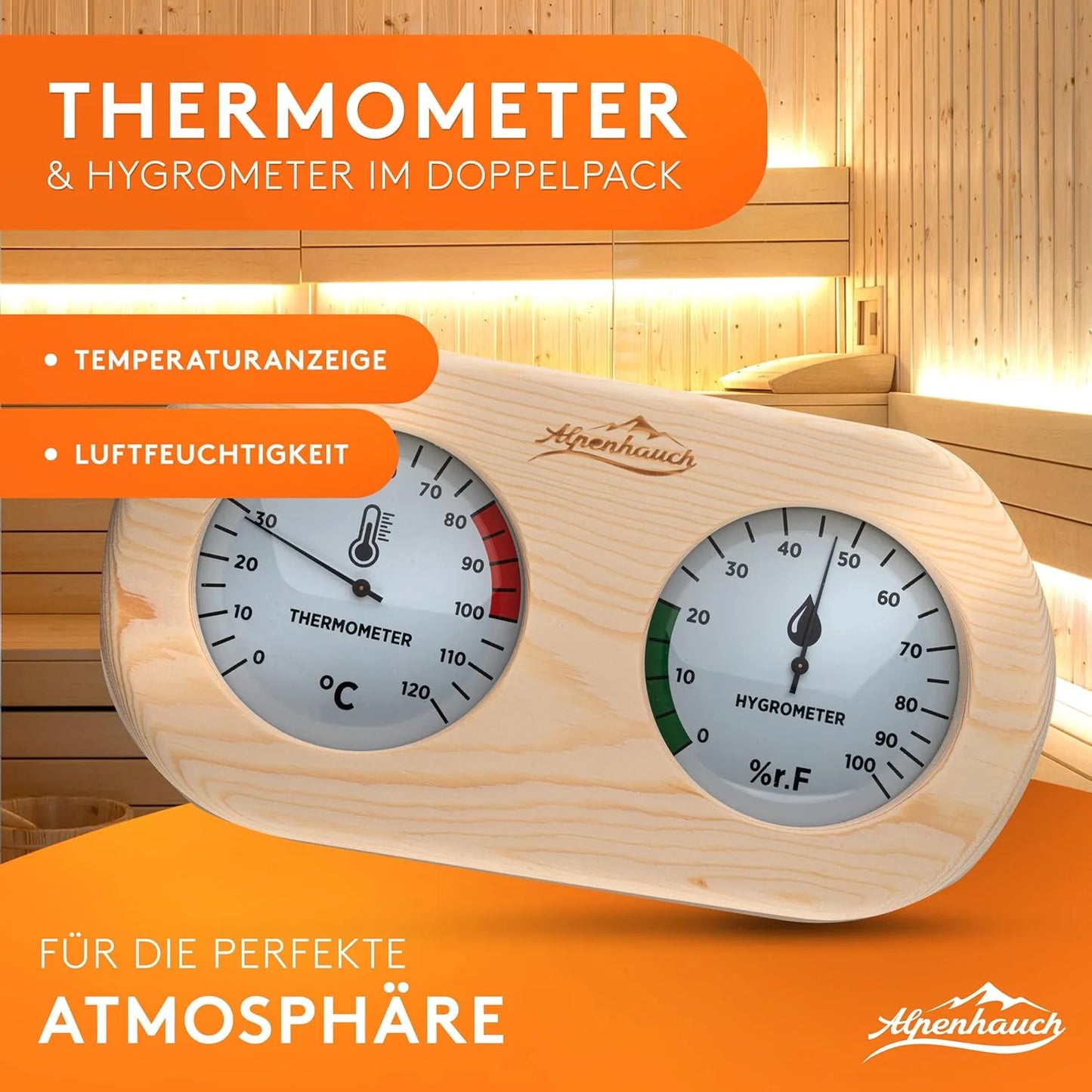 ALPENHAUCH Sauna Thermometer Hygrometer Holz [2in1 Funktion]