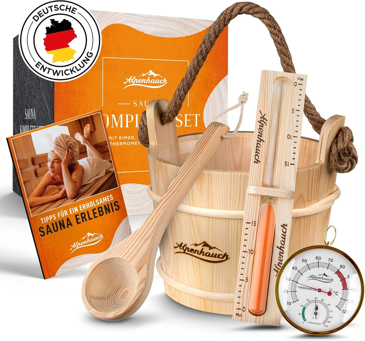 ALPENHAUCH Sauna Eimer mit Kelle mit Sanduhr & Thermometer