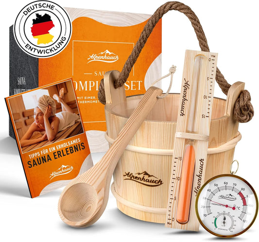 ALPENHAUCH Sauna Eimer mit Kelle mit Sanduhr & Thermometer