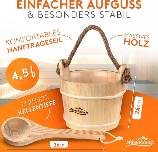 ALPENHAUCH Sauna Eimer mit Kelle mit Sanduhr & Thermometer
