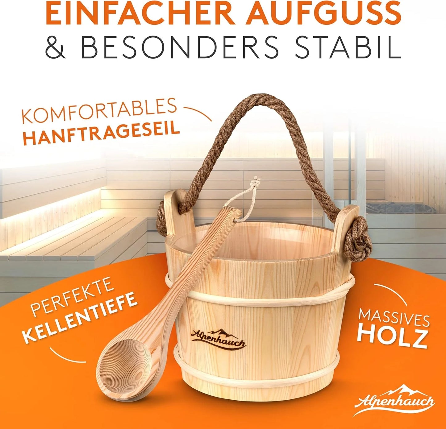 ALPENHAUCH Sauna Eimer mit Kelle - Edler Saunakübel mit komfortablem Hanftrageseil